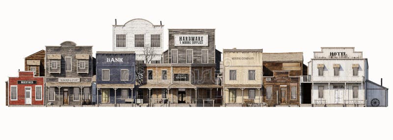 Vorderer Blick auf eine alte, rustikale westliche Stadt mit verschiedenen Geschäften auf einem isolierten weißen Hintergrund