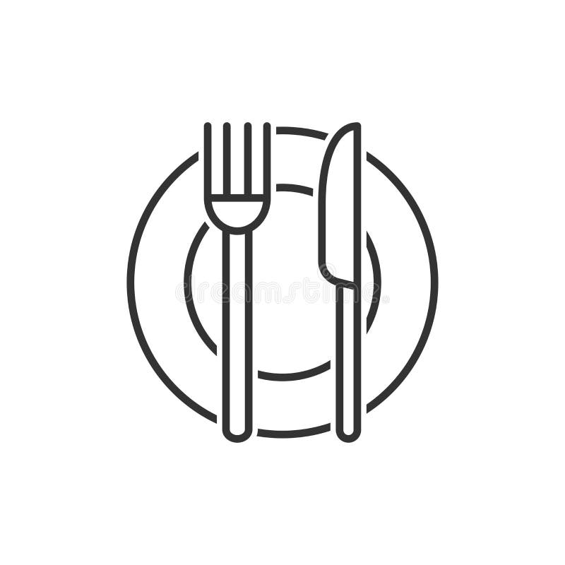 Vork, messen en plaatpictogram in vlakke stijl Restaurant vectorillustratie op wit ge?soleerde achtergrond Diner bedrijfsconcept