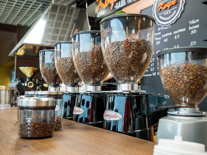 Mills for Grinding Coffee on the Counter of a Coffee Shop Editorial