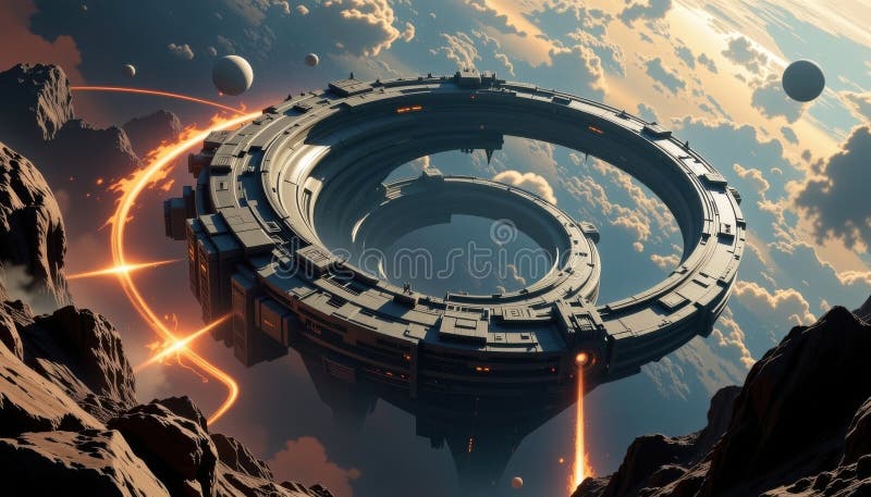 The vortex nexus cathedral, an enormous swirling structure built into the upper atmosphere of a gas giant stock illustration