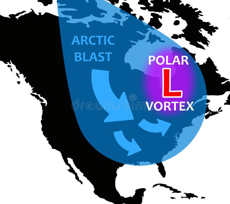 A polar vortex trough weather system with low pressure causing arctic temperatures over the continental USA. A polar vortex trough weather system with low pressure causing arctic temperatures over the continental USA