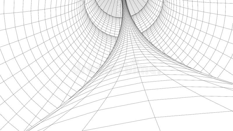 Vortex. Vector perspective curved grid. Wireframe abstract tunnel. 3D vector wormhole with a mesh structure vector illustration