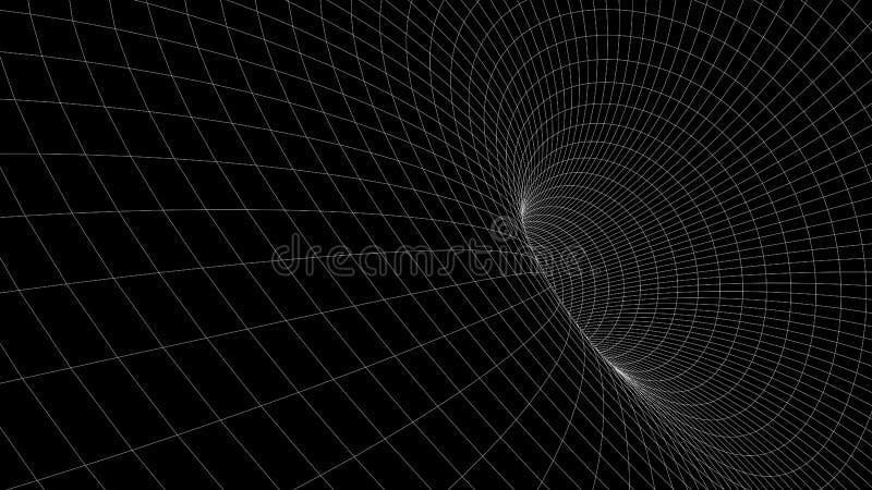 Vortex. Vector perspective curved grid. Wireframe abstract tunnel. 3D vector wormhole with a mesh structure stock illustration