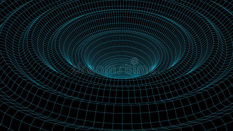 Vortex. Vector perspective curved grid. Wireframe abstract tunnel. 3D vector wormhole with a mesh structure royalty free stock image