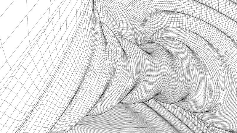 Vortex. Vector perspective curved grid. Wireframe abstract tunnel. 3D vector wormhole with a mesh structure royalty free stock image