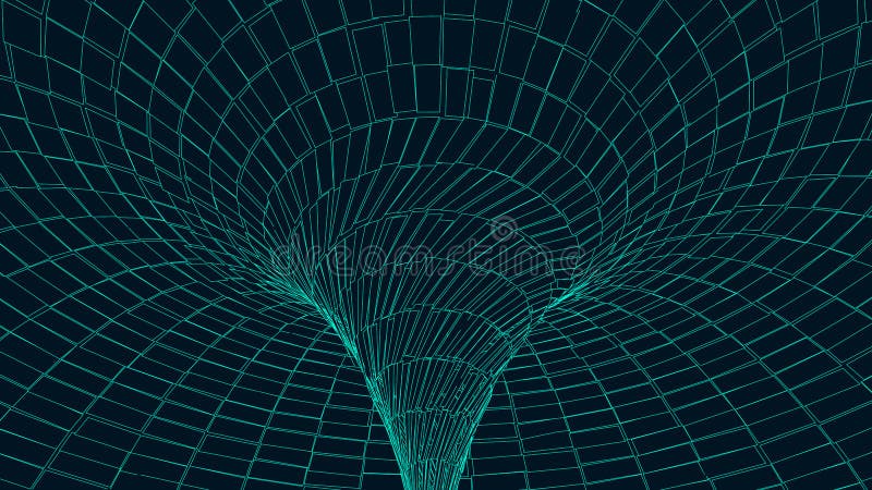 Vortex. Wireframe abstract tunnel with divided squares. 3D vector wormhole with a mesh structure royalty free illustration