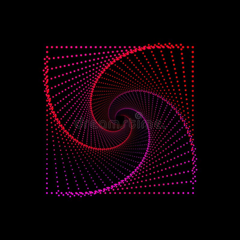 Pink and red dotted spiral vortex square isolated on black background. Squarish swirl pattern dots. Vector illustration. Pink and red dotted spiral vortex square isolated on black background. Squarish swirl pattern dots. Vector illustration.