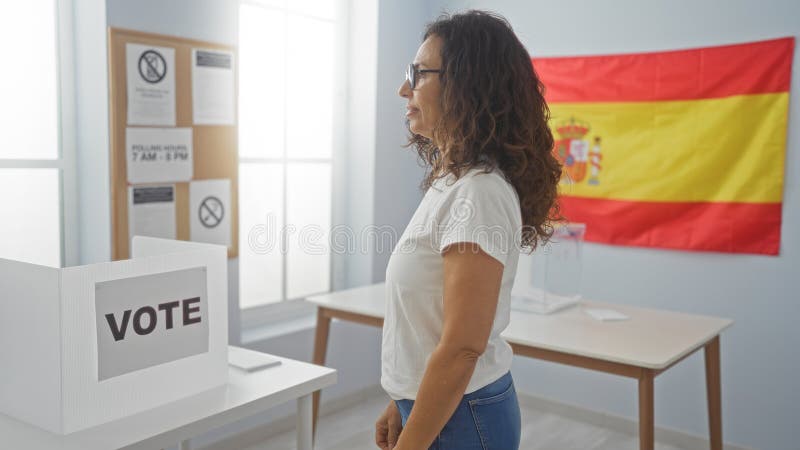 Votante mujer en sala electoral española con bandera españa en votación de fondo en centro de votación por proceso democrático foto de archivo