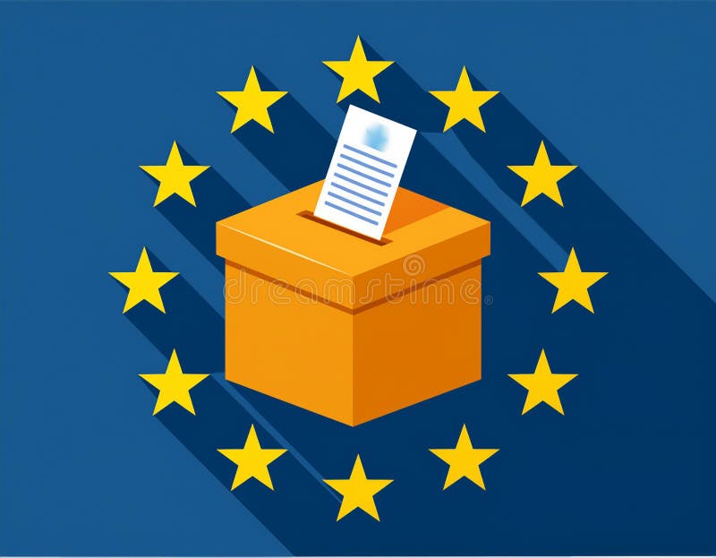 Voto elettorale UE bandiera dell'unione europea stelle gialle e blu cittadini dell'Europa votare Parlamento illustrazione di stock