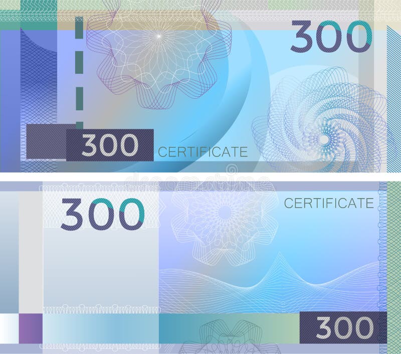 Voucher template banknote 300 with guilloche pattern watermarks and border. Blue background banknote, gift voucher, coupon, royalty free illustration Voucher template banknote 300 with guilloche pattern watermarks and border. Blue background banknote, gift voucher, coupon, royalty free illustration