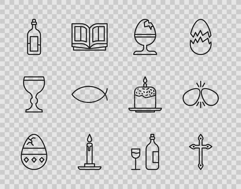 Set line Cracked egg Christian cross Chicken on stand Burning candle in candlestick Bottle of wine fish Wine bottle with glass and Easter eggs icon. Vector. Set line Cracked egg Christian cross Chicken on stand Burning candle in candlestick Bottle of wine fish Wine bottle with glass and Easter eggs icon. Vector.