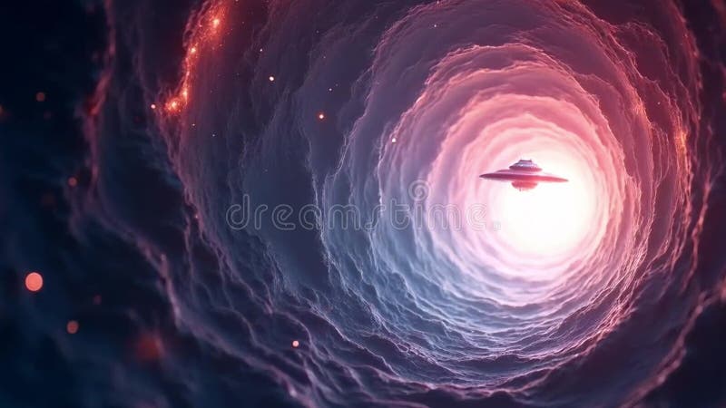 Voyage mystique : Un OVNI naviguant à travers un tunnel cosmique de lumière et d'ombre illustration libre de droits