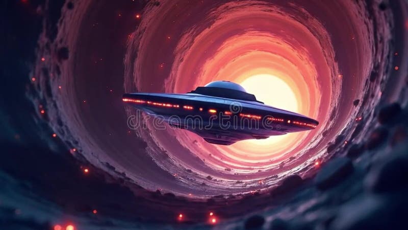 Voyage : Un OVNI naviguant à travers un tunnel cosmique illustration de vecteur
