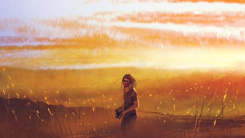 Voyageur avec un appareil-photo se tenant contre le coucher du soleil illustration de vecteur Voyageur avec un appareil-photo se tenant contre le coucher du soleil illustration de vecteur