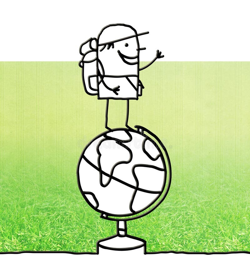 Voyageur de bande dessinée se tenant sur un globe illustration stock Voyageur de bande dessinée se tenant sur un globe illustration stock