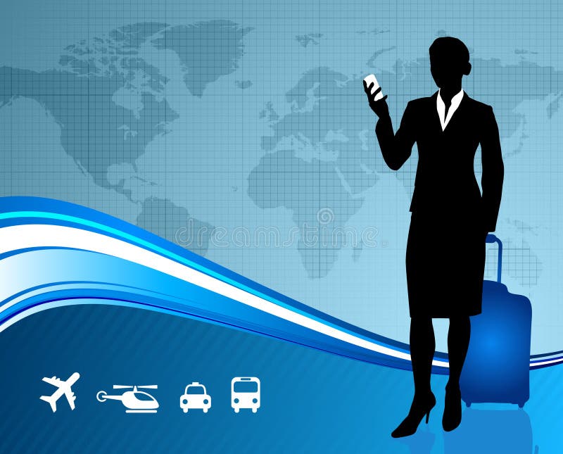 Voyageuse de femme d'affaires avec la carte du monde illustration libre de droits Voyageuse de femme d'affaires avec la carte du monde illustration libre de droits