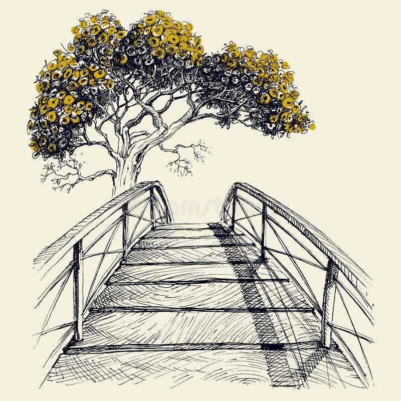 Voûte de pont en bois et arbre de floraison illustration de vecteur