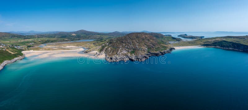 Vpanorama aerial view of Barley Cove Beach on the Mizen Peninsula of West Cork in Ireland