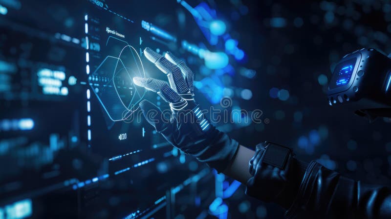 Vr glove user manipuluje strukturą danych 3d nawigując i odkrywając skomplikowane informacje w przestrzeni wirtualnej. wyszukiwani ilustracji