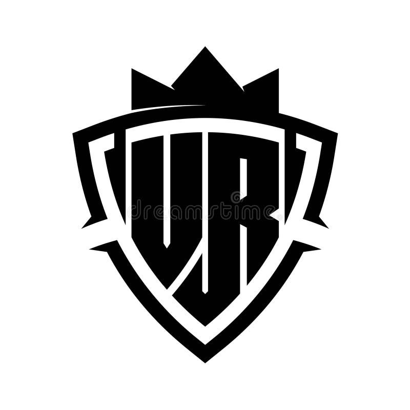 VR Letter bold monogram triangle curve shield shape with crown black and white background color design vector illustration