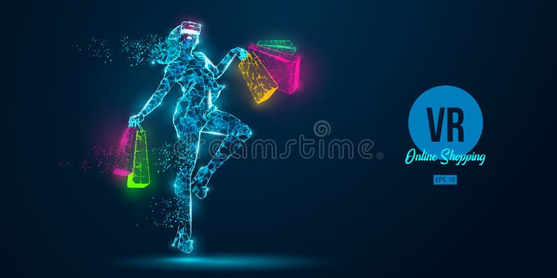 VR online shopping. Polygonal woman, girl wearing virtual reality glasses. Woman is jumping with a shopping bags