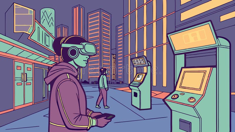 VR videogame: realtà virtuale in sala giochi e progettazione di vettori di intrattenimento di tipo 'AI generative' royalty illustrazione gratis
