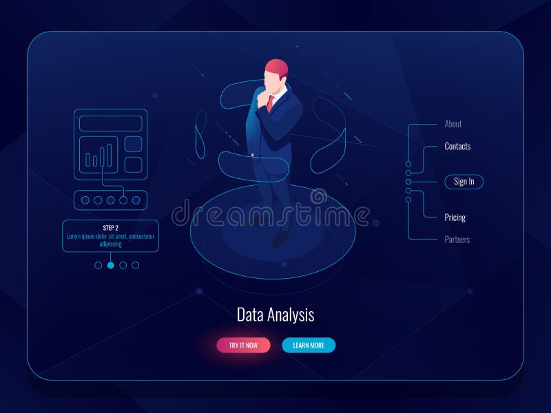 VR Virtual reality isometric, man stay on platform and choosing options, data analysis concept, futuristic technology royalty free illustration VR Virtual reality isometric, man stay on platform and choosing options, data analysis concept, futuristic technology royalty free illustration