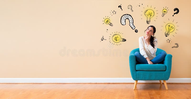 Vraag met gloeilampen met een vrouw in een bedachtzame positie stock fotografie Vraag met gloeilampen met een vrouw in een bedachtzame positie stock fotografie