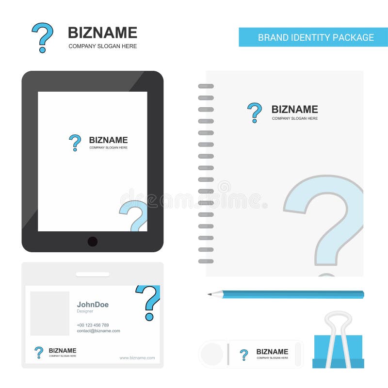 Vraagteken Bedrijfsembleem, Tab App, de Werknemerskaart van Agendapvc en USB-het Ontwerp Vectormalplaatje van het Merk Stationair vector illustratie Vraagteken Bedrijfsembleem, Tab App, de Werknemerskaart van Agendapvc en USB-het Ontwerp Vectormalplaatje van het Merk Stationair vector illustratie