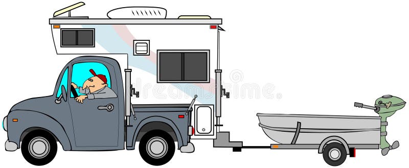 Vrachtwagen en kampeerauto die een kleine boot trekken stock illustratie Vrachtwagen en kampeerauto die een kleine boot trekken stock illustratie