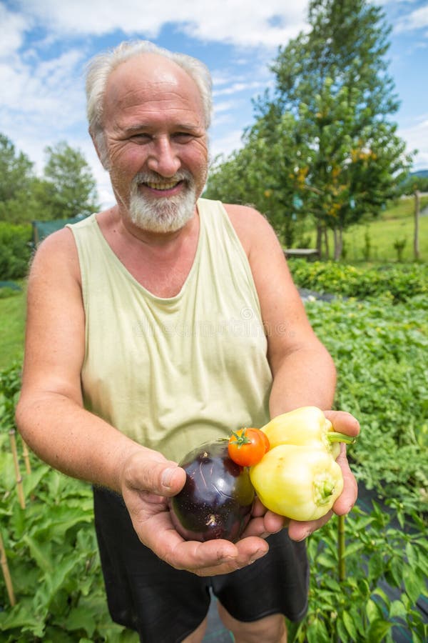 Vrai agriculteur dans son propre jardin image stock Vrai agriculteur dans son propre jardin image stock