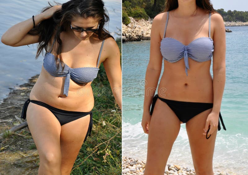 Vrai avant et après la photo de perte de poids du corps de womanâ€˜s dans le bikini Naturel non professionnel et amateur avant et