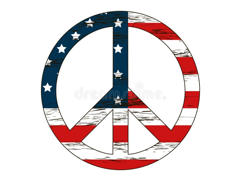 Vredessymbool met de kleuren van de Amerikaanse vlag en de sterren Isolatie op een witte achtergrond Elementen grunge stijl royalty-vrije illustratie Vredessymbool met de kleuren van de Amerikaanse vlag en de sterren Isolatie op een witte achtergrond Elementen grunge stijl royalty-vrije illustratie
