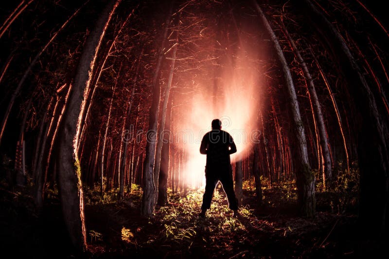 Licht In Het Donker Vreemd Licht in Een Donker Bos Bij Nacht Silhouet Die Van Persoon Zich