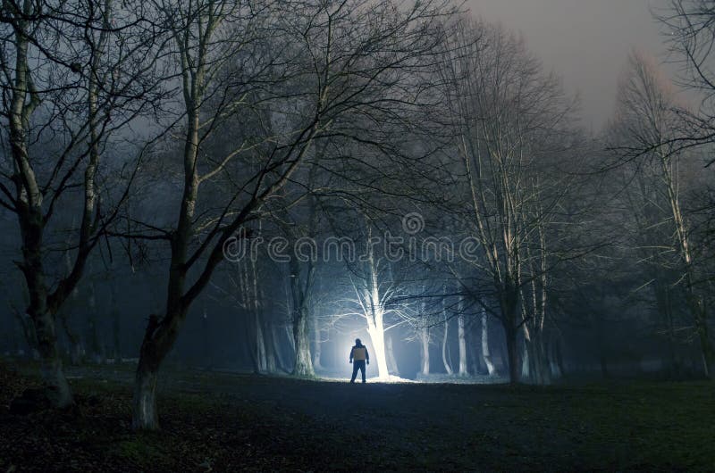 Vreemd silhouet in een donker griezelig bos bij nacht, mystiek landschaps surreal lichten met de griezelige mens royalty-vrije stock foto's Vreemd silhouet in een donker griezelig bos bij nacht, mystiek landschaps surreal lichten met de griezelige mens royalty-vrije stock foto's