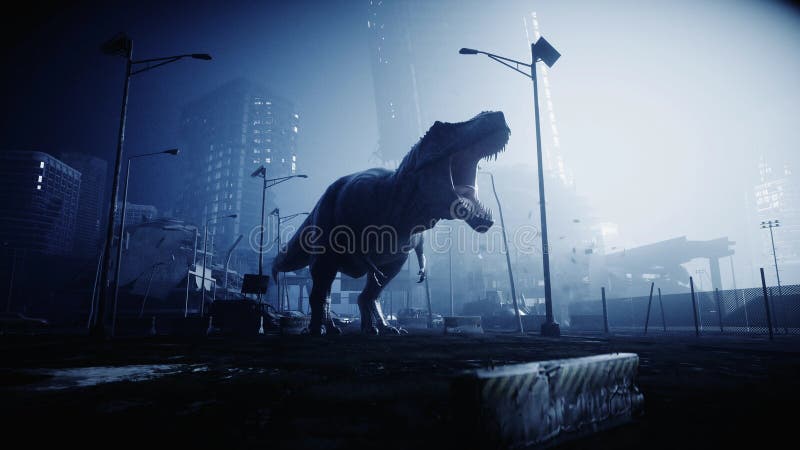 Vreselijke dinosaurus trex in de nacht vernietigde stad Apocalypsconcept het 3d teruggeven stock illustratie Vreselijke dinosaurus trex in de nacht vernietigde stad Apocalypsconcept het 3d teruggeven stock illustratie