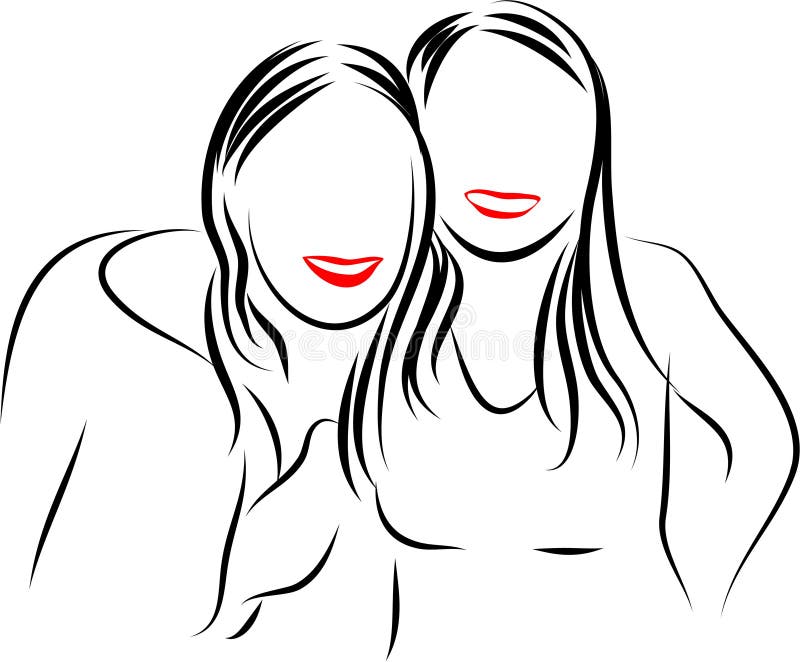 Line drawing of two happy female friends. Line drawing of two happy female friends