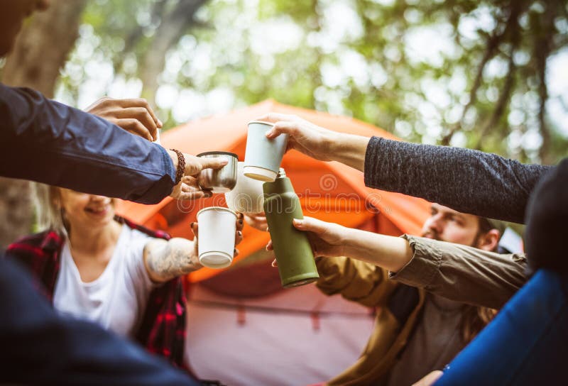 Vrienden die in het bos samen kamperen stock afbeelding Vrienden die in het bos samen kamperen stock afbeelding