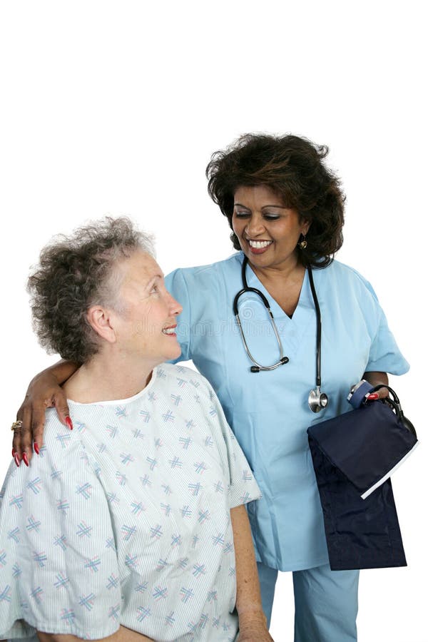 A friendly nurse caring for an elderly hospital patient. Isolated on white with room for text. A friendly nurse caring for an elderly hospital patient. Isolated on white with room for text.