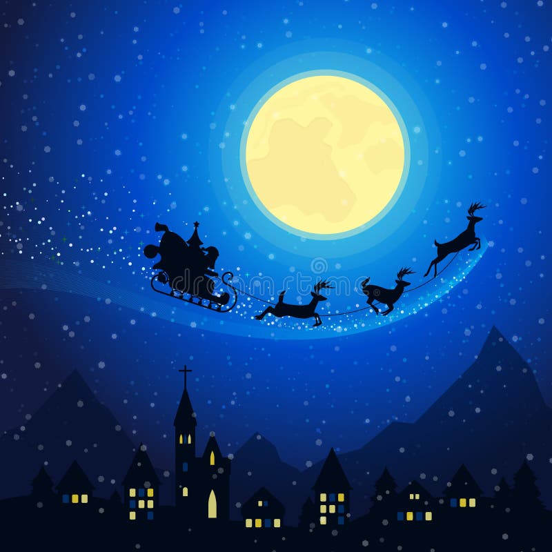 Vrolijk de Berglandschap van de Kerstmisstad met Santa Claus Sleigh met Rendieren die op de Maanlichthemel vliegen vector illustratie Vrolijk de Berglandschap van de Kerstmisstad met Santa Claus Sleigh met Rendieren die op de Maanlichthemel vliegen vector illustratie