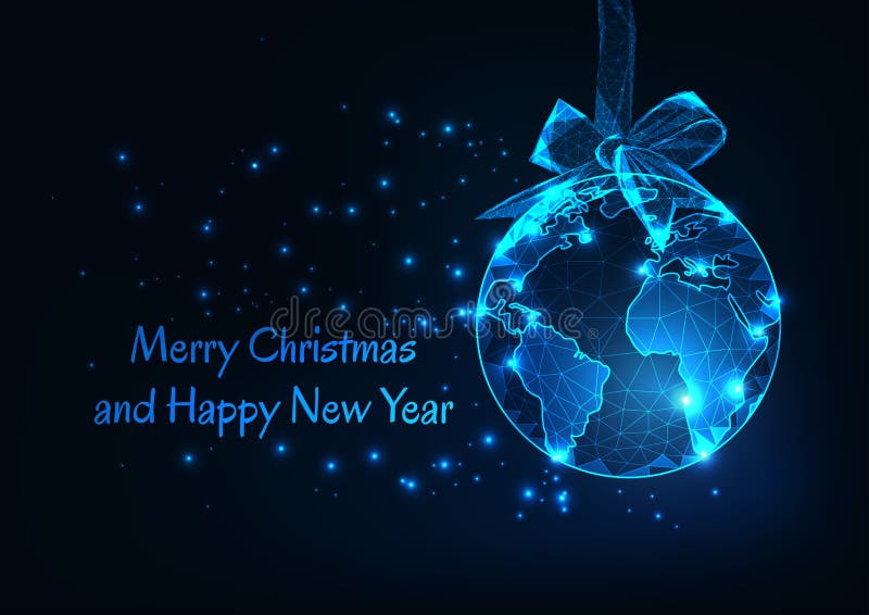 Merry Christmas and Happy New Year greeting card template with earth world globe as a hanging ball and ribbon bow , stars and text on dark blue background. Modern wire frame design vector illustration. Merry Christmas and Happy New Year greeting card template with earth world globe as a hanging ball and ribbon bow , stars and text on dark blue background. Modern wire frame design vector illustration