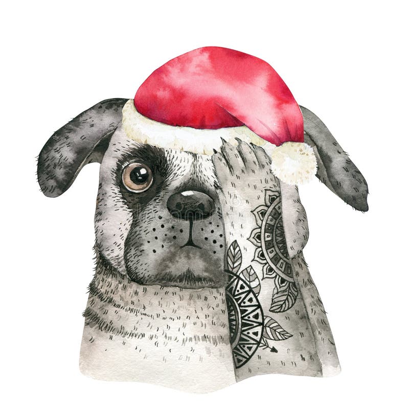 Vrolijk Kerstmisportret van de waterverfclose-up van leuke hond Geïsoleerdj op witte achtergrond Getrokken hand zoet huis nieuw j royalty-vrije illustratie Vrolijk Kerstmisportret van de waterverfclose-up van leuke hond Geïsoleerdj op witte achtergrond Getrokken hand zoet huis nieuw j royalty-vrije illustratie