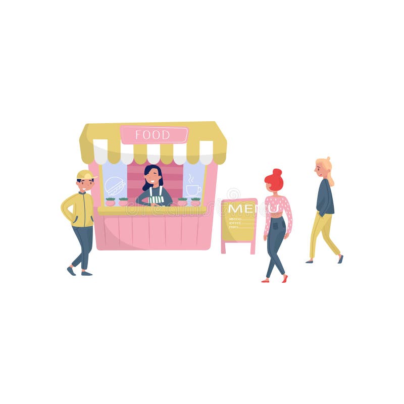 Vrolijk meisje die zich achter teller van straatbox bevinden Mensen die snel voedsel gaan kopen Kleine onderneming Vlak vectoront vector illustratie Vrolijk meisje die zich achter teller van straatbox bevinden Mensen die snel voedsel gaan kopen Kleine onderneming Vlak vectoront vector illustratie