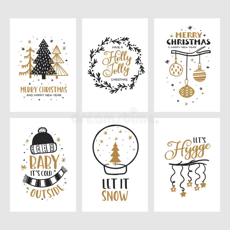 Vrolijke geplaatste Kerstmis en Gelukkige Nieuwjaarskaarten Vector uitstekende illustratie stock illustratie Vrolijke geplaatste Kerstmis en Gelukkige Nieuwjaarskaarten Vector uitstekende illustratie stock illustratie
