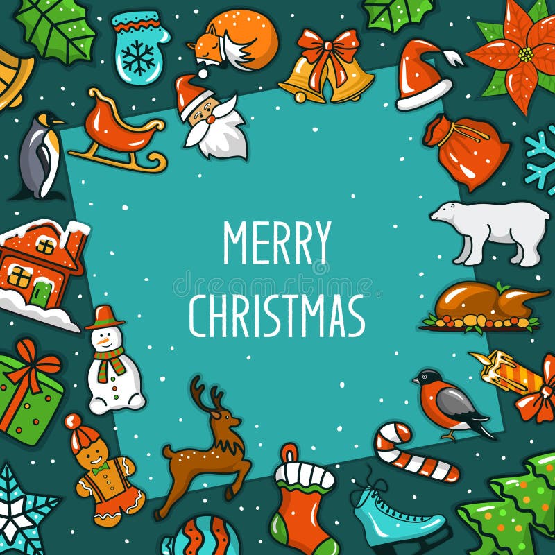 Vrolijke Kerstmis bezwaar en Gelukkig Nieuwjaar, seizoengebonden, heeft de het kaderkaart van de de wintergroet met decoratiekers stock illustratie Vrolijke Kerstmis bezwaar en Gelukkig Nieuwjaar, seizoengebonden, heeft de het kaderkaart van de de wintergroet met decoratiekers stock illustratie