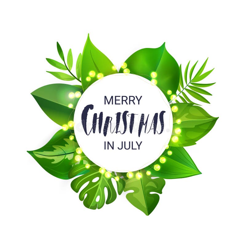 Merry Christmas in July floral banner with luminous garland and tropical palm leaves. Yulefest or Midwinter Christmas design template isolated on white background. Vector illustration. Merry Christmas in July floral banner with luminous garland and tropical palm leaves. Yulefest or Midwinter Christmas design template isolated on white background. Vector illustration