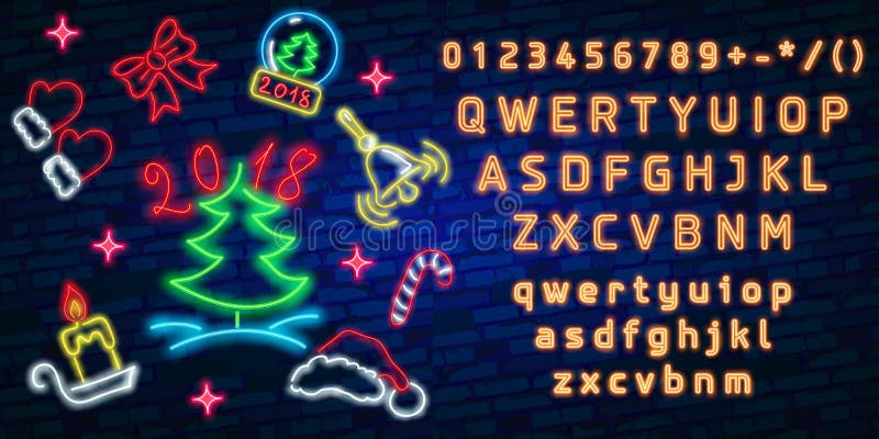 Merry christmas and a happy new year. Greeting card or invitation pattern in neon style. Neon luminous signboard, bright luminous banner. Vector vintage illustration. Editing text neon sign. Merry christmas and a happy new year. Greeting card or invitation pattern in neon style. Neon luminous signboard, bright luminous banner. Vector vintage illustration. Editing text neon sign.