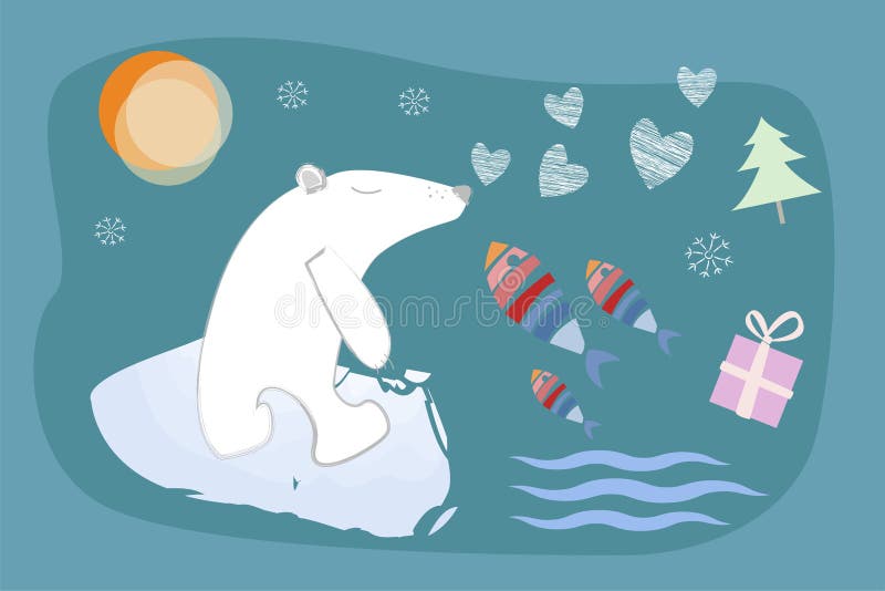 Vrolijke Kerstmis en Gelukkig Nieuwjaar Een ijsbeer op een ijsijsschol, harten, vissen, een gift en een Kerstboom Golven en zon vector illustratie Vrolijke Kerstmis en Gelukkig Nieuwjaar Een ijsbeer op een ijsijsschol, harten, vissen, een gift en een Kerstboom Golven en zon vector illustratie