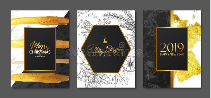2019 Vrolijke Kerstmis en Gelukkige de kaarteninzameling van de Nieuwjaarluxe met marmeren textuur, Gouden borstelslagen en hand- stock illustratie 2019 Vrolijke Kerstmis en Gelukkige de kaarteninzameling van de Nieuwjaarluxe met marmeren textuur, Gouden borstelslagen en hand- stock illustratie