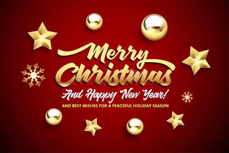 Vrolijke Kerstmis, en het Gelukkige Nieuwjaar van letters voorzien met gouden Kerstmissterren en ballen op een rode achtergrond vector illustratie Vrolijke Kerstmis, en het Gelukkige Nieuwjaar van letters voorzien met gouden Kerstmissterren en ballen op een rode achtergrond vector illustratie